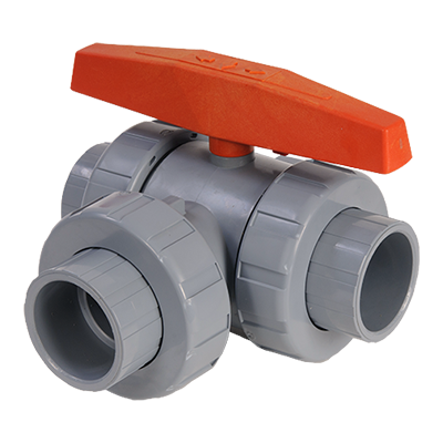 Hayward LA Series True Union Three-Way Ball Valve, 1-1/2" Socket/Thread End Connections, Horizontal T-Port Design, CPVC Body / Ball, PTFE Seats, EPDM Seals