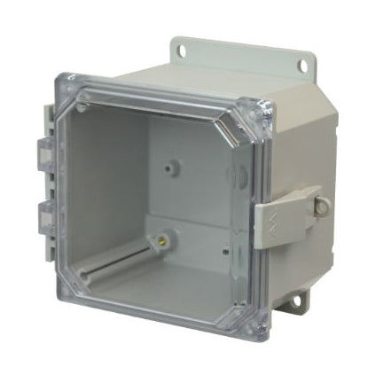 6x6x4 NEMA 4X Polycarbonate Encl Nonmetal Latch Clear Hinged Cover Flange Mount