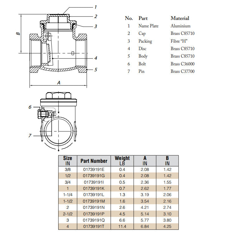 Dimensional Specs - Brass Swing Check Valve