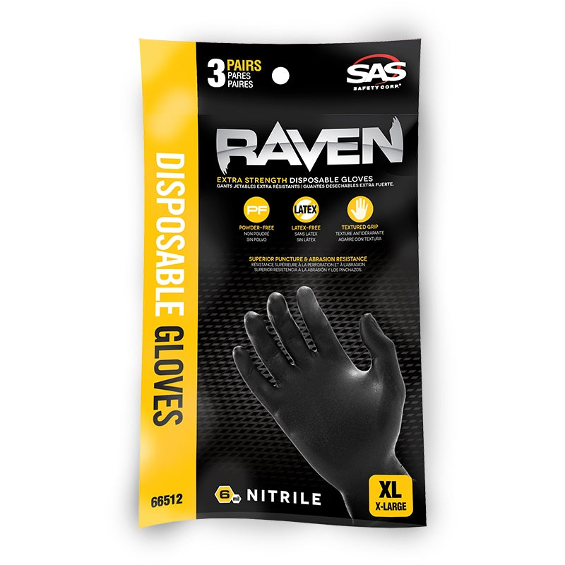 Raven Powder-Free Nitrile Exam-Grade Disposable Gloves - X Large - 3/PAIRS