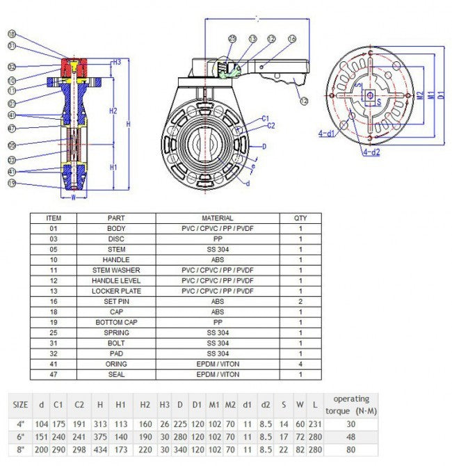 6" CPVC Butterfly Valve (SK-CBF-060) - EPDM / Lever Handle