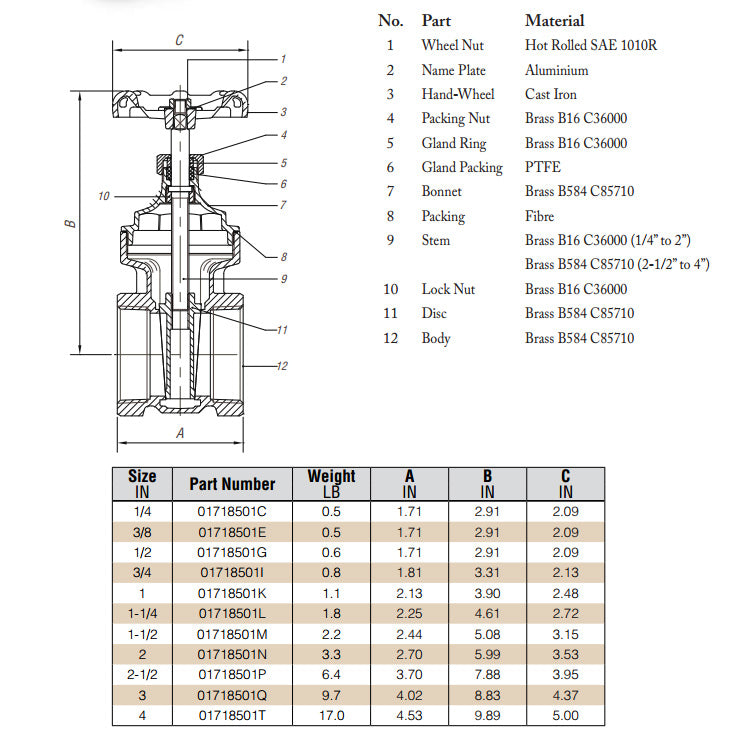 Dimensions - Gate Valve, Brass 1"
